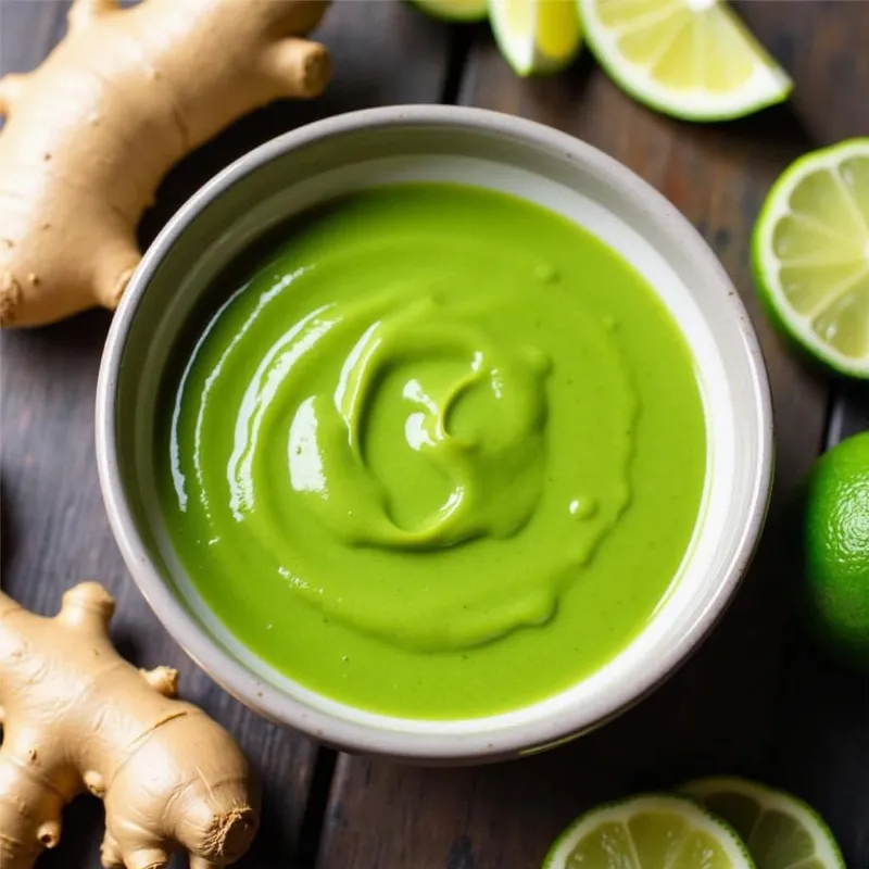 Vegan ginger lime sauce in a bowl, surrounded by fresh ginger and limes.